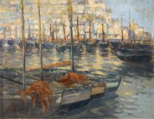 Continental School 20th Century- Harbour scene,:- signed with initials H.