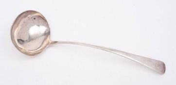 A George III silver Old English pattern soup ladle, maker's mark worn, London,