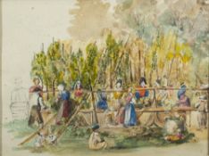 English School - Hop Pickers,:- watercolour and pencil drawing 21.5 x 27.5cm.