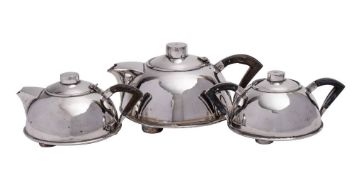An Art Deco period electro-plated three-piece tea set: of domed circular outline,