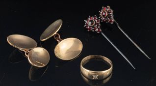 A pair of 9 carat gold double sided cufflinks,: the oval panels with belcher link connectors,