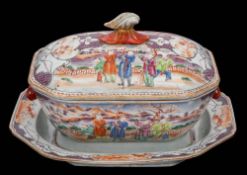 A Chinese famille rose mandarin pattern octagonal tureen, cover and stand: with boar's head handles,