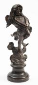 After F J Ffland a late 19th century bronze study of a fairy: with flowing hair wrapped in a shawl,
