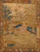 An 18th century raised work picture: depicting a gallant serenading a lady in a rural glade,