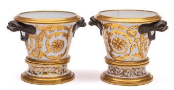 A pair of Chamberlain-Worcester jardinieres and stands: of tapering cylindrical form with 'bronzed'