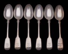 A set of six George IV silver Fiddle pattern teaspoons, maker William Eaton, London, 1833: crested,