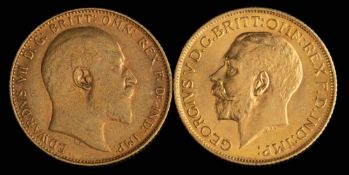 An Edward VII gold sovereign,: 1907; and a George V gold Sovereign, 1914, 16g gross.