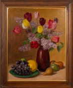 J C Friday [early 20th Century]- Still life; red tulips, buddleia and fruit on a table,