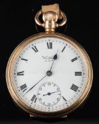 Waltham USA, a 9ct gold open-faced keyless pocket watch: the three-quarter plate movement stamped A.
