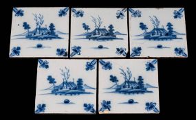 A set of five 18th century English blue and white delftware square tiles and two single tiles: the