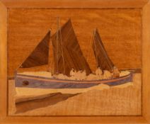 A specimen wood marquetry picture of a lifeboat named 'John and Mary Beattie',: 34 x 42cm,