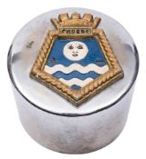 HMS Phoebe (F42) A chrome plated 8 inch gun cover with brass ship's badge: (fitted later wall