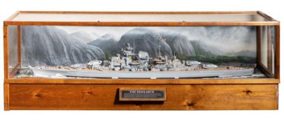 A cased scale waterline model of the German Battle ship 'Bismark': finely detailed with 15 inch