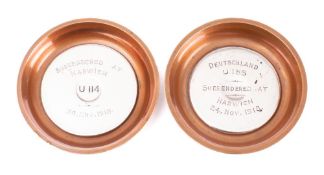 Two copper and silver plated ashtrays made from metal taken from WWI German U-Boats,