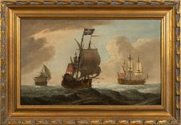 English School late 18th Century- Royal Navy men-o-war in a breeze,:- oil on canvas, 31 x 51cm.