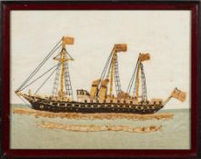 An early 20th century woolwork picture of the Royal Yacht 'Victoria and Albert': executed in gold,