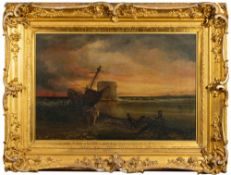 English School 19th Century- Salvagers and a wreck at low tide, view to a tower and sunset beyond,