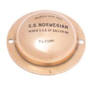 A WWI period brass boss for the British steam cargo ship SS 'Norwegian': inscribed 'March 13th
