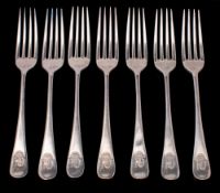 A set of six silver plated P&O dinner forks by Mappin & Webb, London: of Old English pattern,
