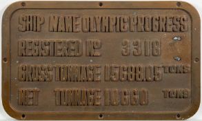 A bronze builder's plate for the Greek Onassis tanker 'Olympic Progress', No.