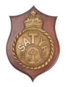 A bronze wardroom badge for the Royal Navy R-class destroyer HMS 'Saytr': inscribed 'Saytr' over