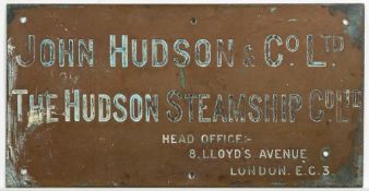 A brass steamship company building nameplate for 'John Hudson & Co. Ltd.
