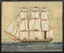 A late 19th century woolwork of a clipper ship: fully rigged over black hull with white ports,