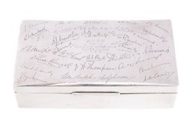 A sterling silver presentation cigarette casket 'AHTF from the Captain & Wardroom Officers HMS
