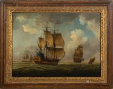 Attributed to Peter Monamy [1681-1749]- Men-o-War off a coast,:- oil on canvas laid on board, 30.