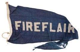 The ship's pennant from the Kent and Essex Thames Fireboat 'Fireflair': white text on blue ground,