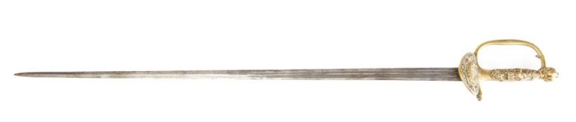 A 19th century continental Naval sword: the straight double fullered blade over a cast brass hilt