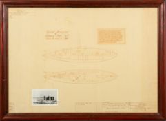 A framed print of the scale drawings for 'General Arrangement of Submarine Boats 1 to 5' ( HN
