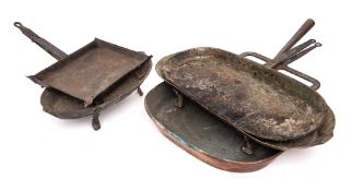 A copper and tinned oval frying pan: with metal handle,