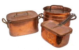 A 19th Century copper and brass twin-handled oblong down-hearth cooking pot and cover:, 33cm long,