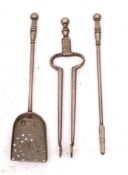 A set of three early 19th Century steel miniature ember tongs: with turned handles.