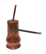 A copper chocolate pot and cover: of waisted form with iron handle and wood plunger.