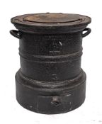 A French cast iron circular drum-shaped twin-handled cooking stove with cover:,