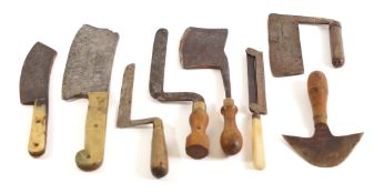 A collection of eight choppers and cleavers: including a herb chopper with arrowhead blade.