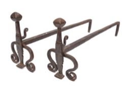 A pair of wrought iron spit dogs: with twin scrolling front supports, 54cm long.
