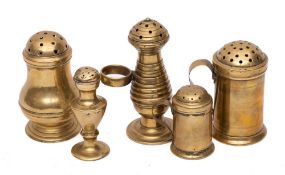 A brass baluster sugar shaker:, 13cm high, another with ring attachment,
