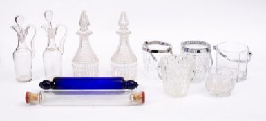 A small group of glass:, comprising an oil and vinegar bottle, pair of decanters,