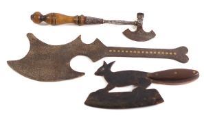 A 19th Century steel sugar axe: with scimitar shaped blade and turned wood handle,