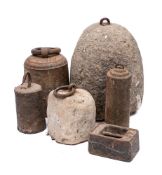 A large stone domed spit jack weight:, a smaller stone weight with ring attached,