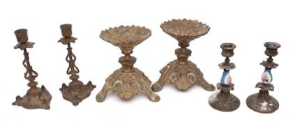 A pair of gilt metal and foliate decorated comport bases:, on tripod splayed feet, 19cm high,