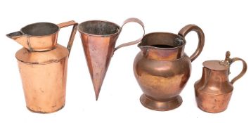 A copper jug: of tapering form with angled handle, a copper jug with open scroll handle, 18.