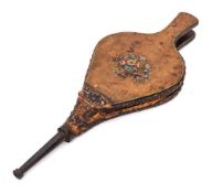 A pair of burr walnut, decorated and leather bellows:, painted with a bouquet of flowers in an urn.