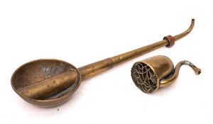 A brass long stem ear trumpet:, 37cm long and a brass cup-shaped ear trumpet with filigree cover,