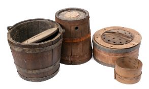 A coopered fruitwood circular cheese strainer and cover:,