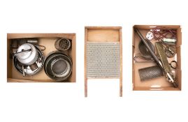 A collection of kitchenalia: including metal whisk, grater, strainer, thermometer,