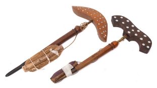 Two turned wood string driven bird scarers: with mirrored revolving wings.
